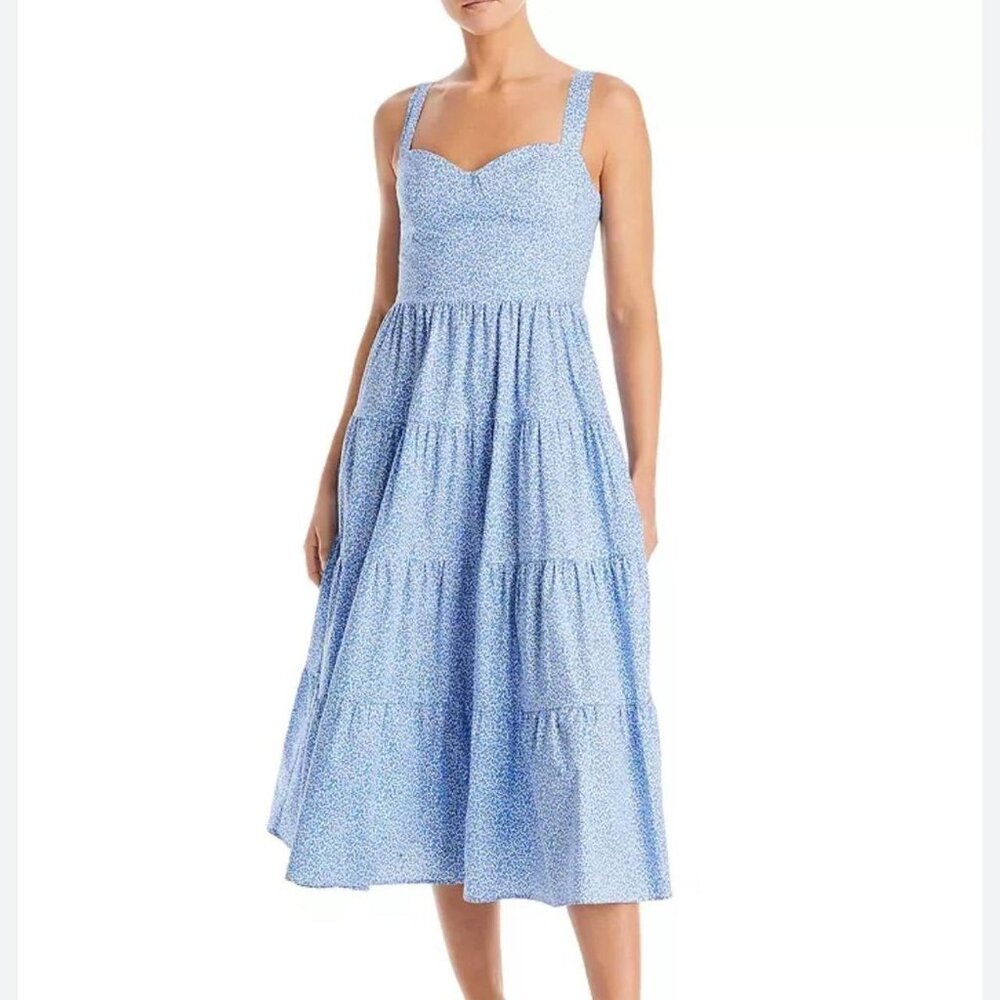 NWT. Bloomingdale’s Aqua Long Blue Floral Tiered Dress. Zipper Closure. Size M